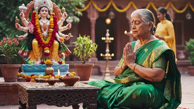 Elderly Indian woman in traditional green sari praying with hands clasped before a colorful Hindu deity statue, devotional atmosphere