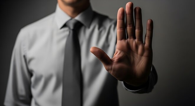 Man in gray shirt and tie with hand outstretched in front of him palm facing forward