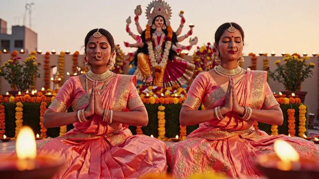 Two women in traditional Indian attire praying with hands clasped, illuminated by diyas, with a Durga idol and festive lights in the background, conveying devotion and spirituality during a festival