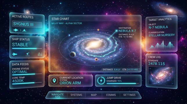 Futuristic spaceship HUD interface with star chart, holographic galaxy navigation display, sci-fi cockpit dashboard with data analytics