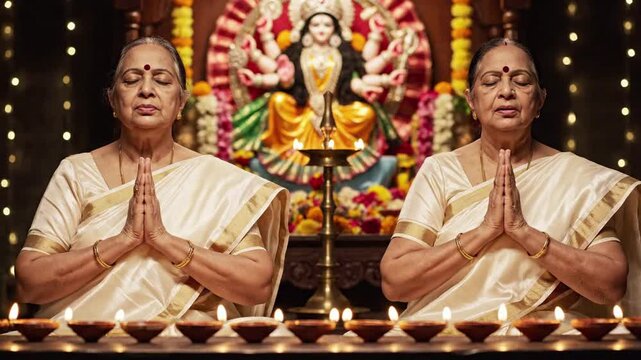 Two elderly Indian women with closed eyes and hands pressed together in prayer before a Hindu deity statue, lit by diyas, conveying devotion and peace