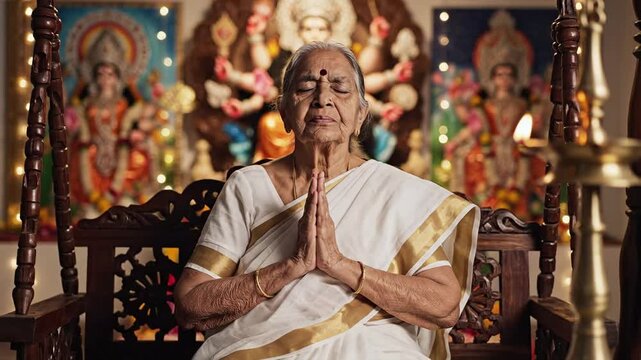 Elderly Indian woman in traditional white sari praying with hands clasped on ornate wooden swing, serene atmosphere with Hindu deities in background