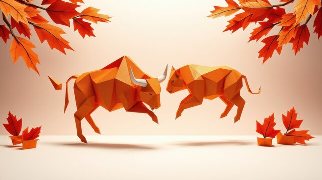 Polygonal bison face off. Autumn leaves surround animals, creating warm, minimalist scene. Orange tones dominate composition.