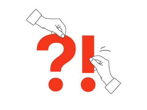 Hands holding a big red question and exclamation marks - outline design element. Illustration on a transparent background