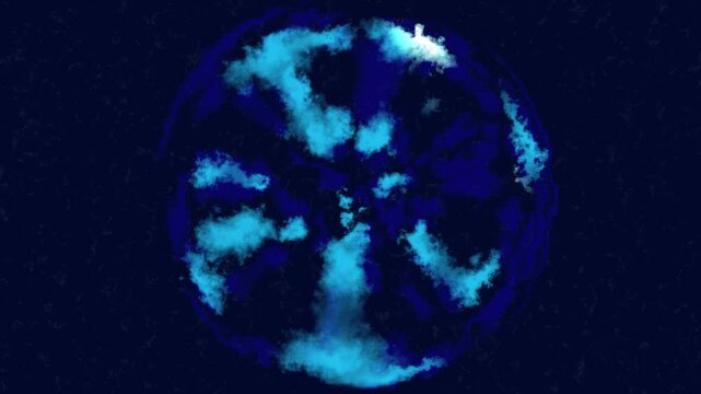 Dreamy celestial sphere with white cloud patterns on deep space background