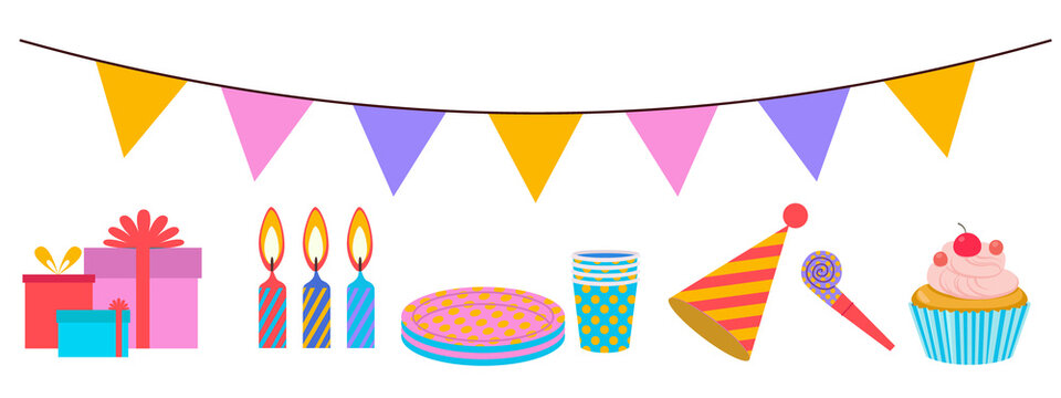 Party supplies - candles, party hat, gifts, cupcake, bunting, party blowout, disposable tableware with dots. Flat Illustration on a transparent background