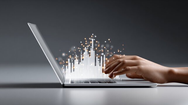 hands typing with glowing UI charts emerging from screen, data analytics concept, copy space