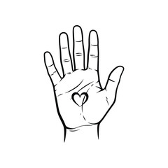 Fototapeta premium A black and white line art drawing of an open human hand with a small, centered heart symbol on its palm.