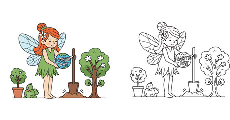 Obraz premium Cute Fairy Planting Tree for Earth Day Coloring Page Vector