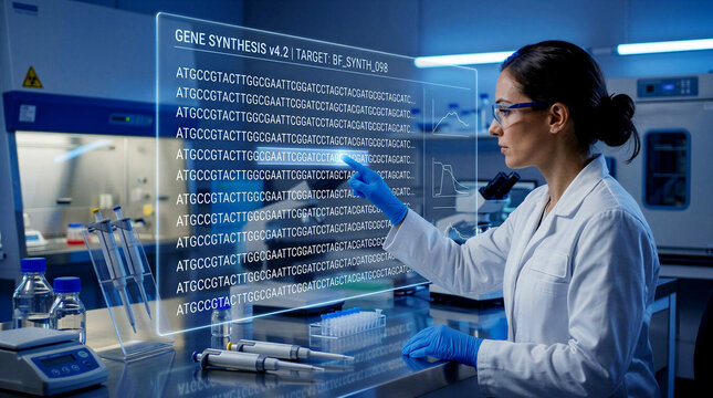 Futuristic biotechnology lab with scientists using a holographic interface for real-time DNA editing, featuring clean UI