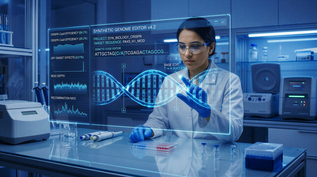 Futuristic biotechnology lab with scientists using a holographic interface for real-time DNA editing, featuring clean UI
