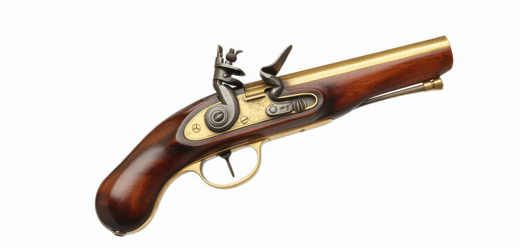Antique flintlock pistol with wooden stock and brass barrel isolated on a white background
