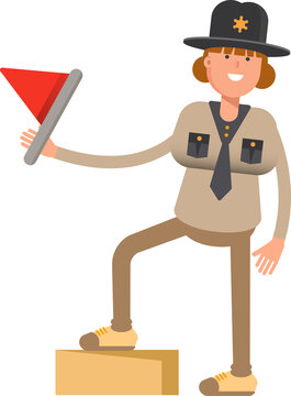Female Sheriff Character Holding Flag
