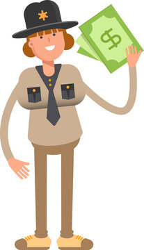 Female Sheriff Character Holding Dollar Banknotes
