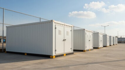 Fototapeta premium White Shipping Container Storage Unit on Empty Industrial Lot