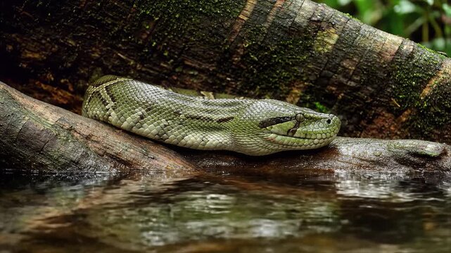 Large green anaconda resting on a wet log in a jungle river