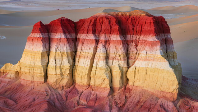 Colorful Stratified Rock Formation in a Desert Landscape with Red, Yellow, and White Layers