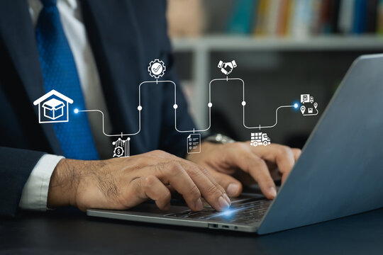 Digital procurement and supply chain management concept. Digital procurement process integrated with analytics, logistics, contracts, supply chain management. Business solution, Digital transformation