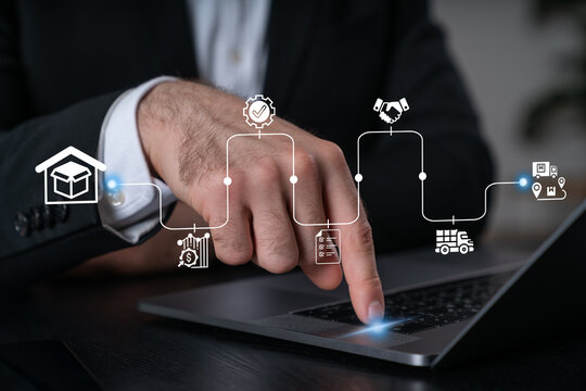 Digital procurement and supply chain management concept. Digital procurement process integrated with analytics, logistics, contracts, supply chain management. Business solution, Digital transformation