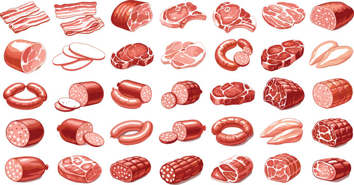 Raw and Processed Meat Products Collection Vector Set With Bacon Steak Sausage and Deli Cuts