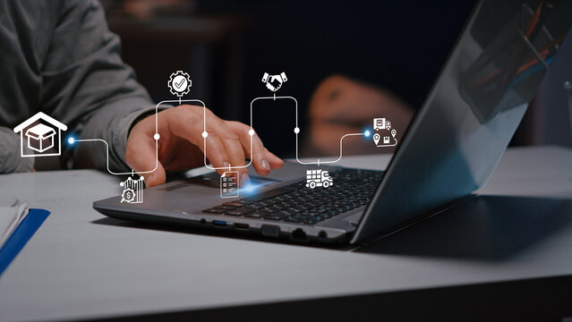 Digital procurement and supply chain management concept. Digital procurement process integrated with analytics, logistics, contracts, supply chain management. Business solution, Digital transformation