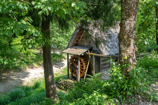 Traditional watermill surrounded by nature in Shirakawa-go, Japan