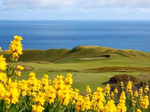 Vibrant yellow gorse frames a stunning Scottish links golf hole, ocean backdrop in Inverness, spring,  serene,  remote