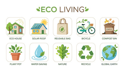 Fototapeta premium Eco House Solar Roof Reusable Bag Bicycle Compost Bin and Recycling Symbols for Eco Living