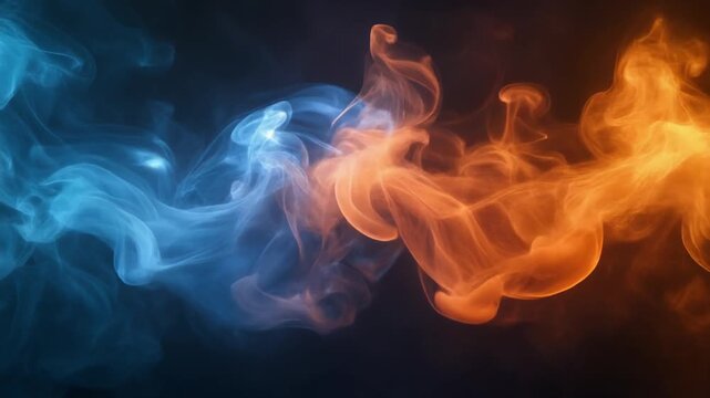 "Swirling clouds of blue and orange smoke intertwining dynamically against dark background representing contrast of fire and ice"