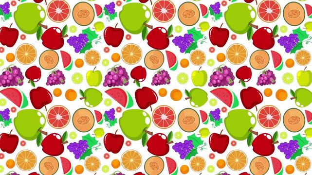 Animated fruit pattern background with colorful apples grapes and citrus slices scrolling on green black and white.
