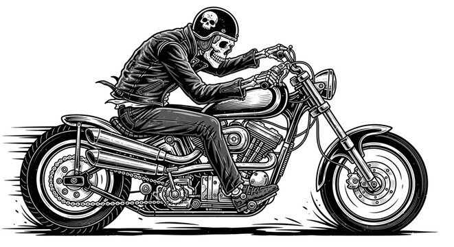 Skeleton Rider's Ride: A skeletal figure embodies the essence of freedom and adventure, riding a classic motorcycle with raw power and determination.