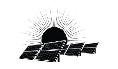 A stark black and white depiction shows solar panels angled towards a dark circular sun radiating bold lines a striking silhouette high quality professional © rsvect02