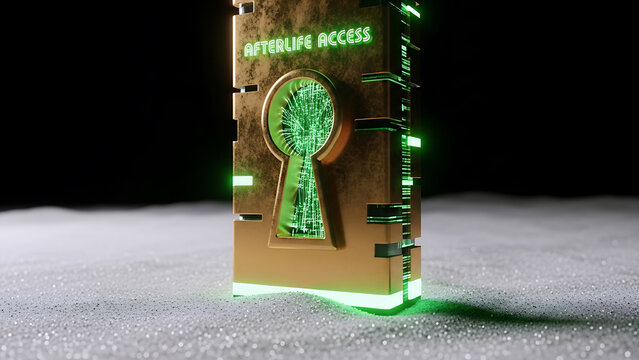 A futuristic green-lit metal box with access panel and keypad on a gray surface in a dark room.