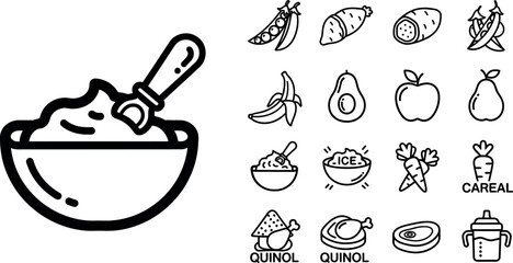Baby food bowl with spoon and various ingredients banana pear © GR Graphics