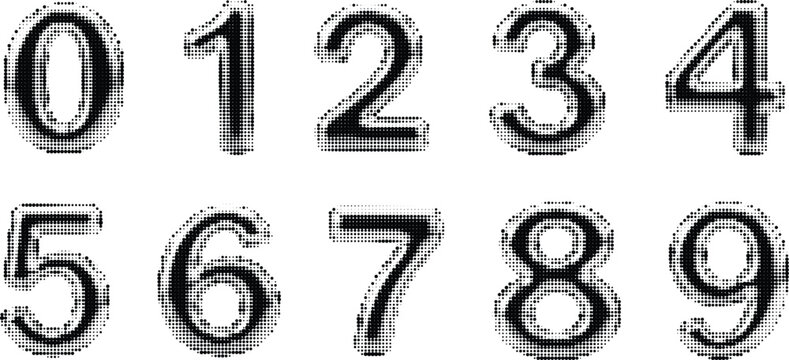 Set of ten numeric digits zero to nine in halftone dot style for design and education vector illustration.