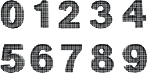 Numeric halftone set from zero to nine featuring bold black typography for counting and mathematical graphic design layout. © Ontora