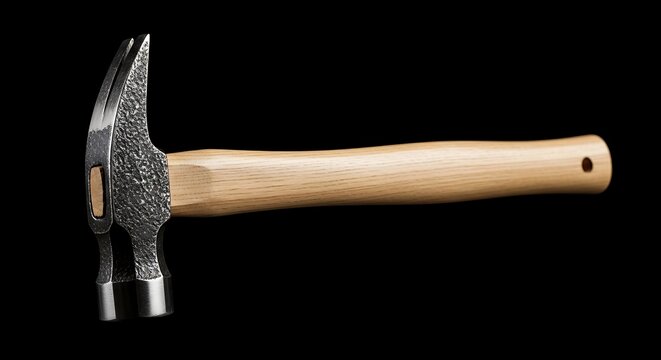 Overhead shot of a claw hammer on a black backdrop, showing handle and head details