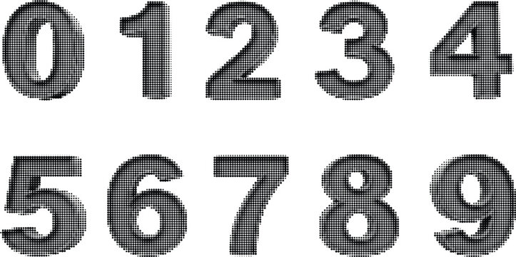 Numeric halftone set from zero to nine featuring bold black typography for counting and mathematical graphic design layout.