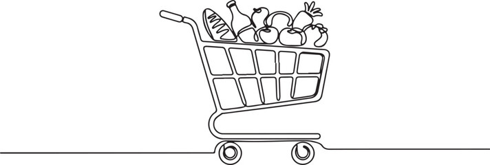 Shopping cart filled with fresh groceries and milk bottle Continuous Line Art Vector Illustration © Mostakim72