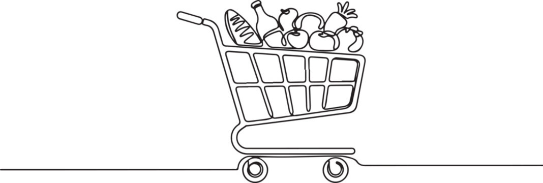 Shopping cart filled with fresh groceries and milk bottle Continuous Line Art Vector Illustration