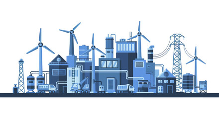 Obraz premium Modern Industrial Cityscape with Wind Turbines and Power Lines.