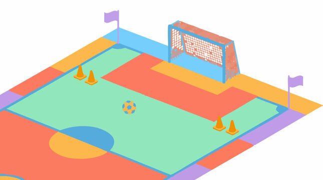 Colorful Isometric Football Field with Soccer Goal, Ball, Cones, and Flags