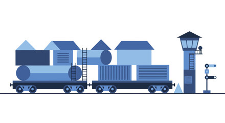 Stylized Blue Train with Cargo and Signal Tower. © Ganti