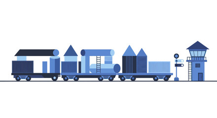 Stylized Blue Train with Carriages and Control Tower. © Ganti