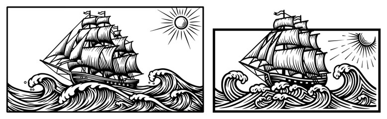 Vintage sailing ship on stormy ocean waves, antique galleon tall ship silhouette for nautical adventure © Luka