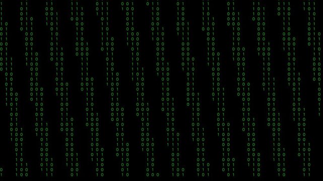 Seamless looping animation of green binary code numbers falling vertically, representing big data processing and cybersecurity in a matrix style.