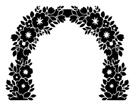 Floral arch frame silhouette with flowers and leaves, decorative wedding garden border for invitation design