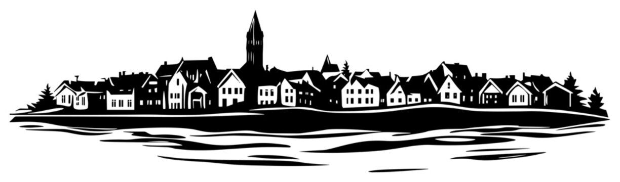 Small European coastal town silhouette panorama with church spire and houses by the water