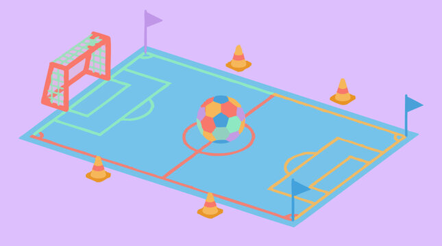 Isometric illustration of a colorful soccer field with ball, goal, and cones