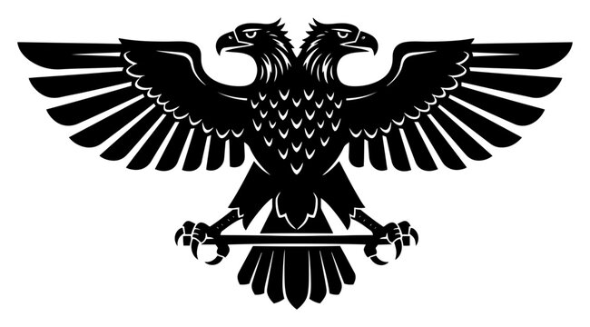 Double headed eagle heraldic silhouette, imperial emblem crest for luxury and medieval design